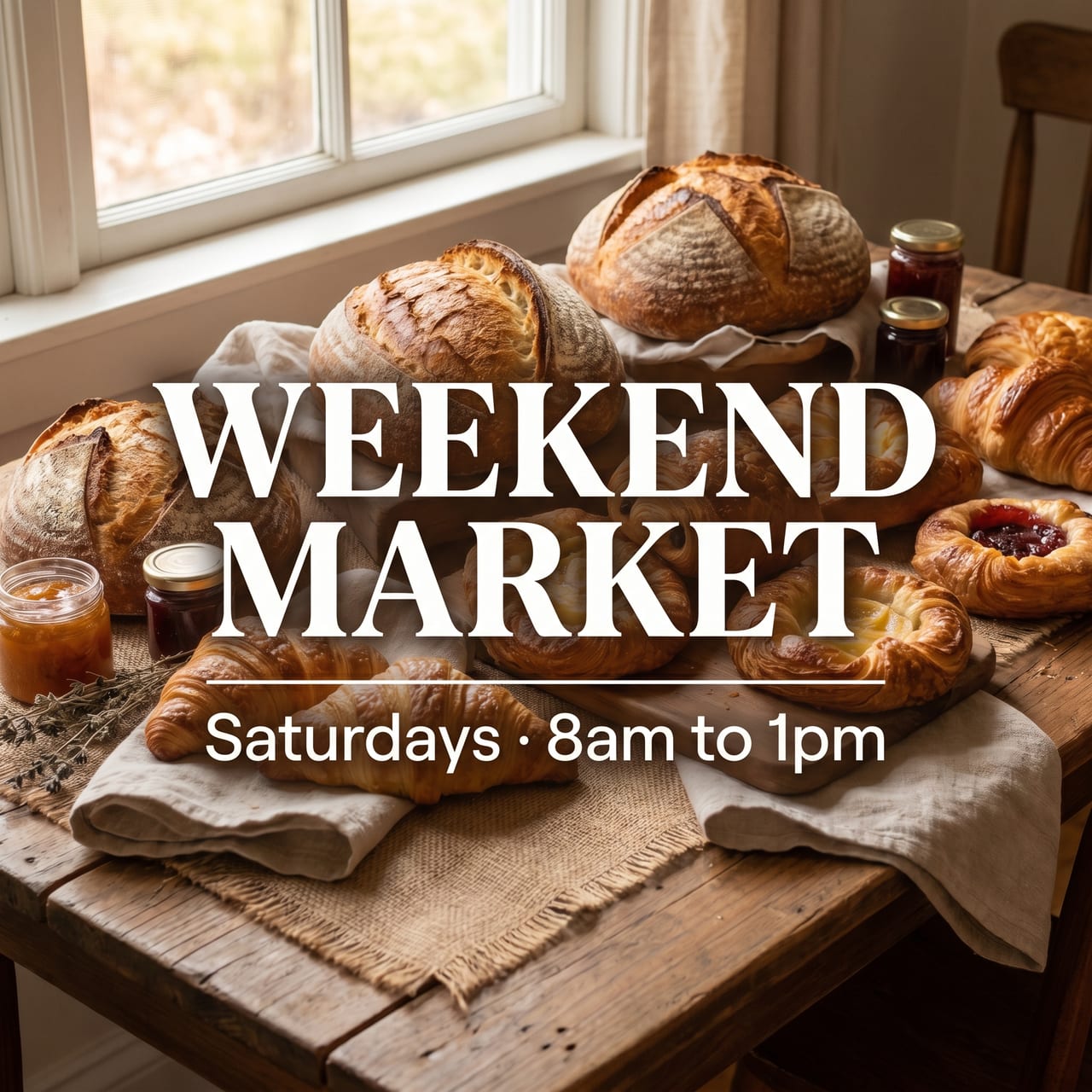 A bakery 'Weekend Market' promo with the text rendered right on the image by Moose